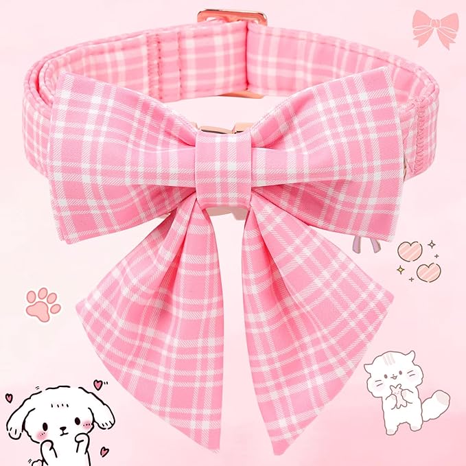 Pink Dog Collar for Girl Dogs, Spring Summer Pink Plaid Dog Collar with Bowtie- Adjustable Female Sailor Bow Dog Collar for Large Dogs L