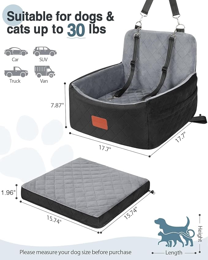 WOOAIDAGG Dog Car Seat for Small Dogs Under 30lbs, Comfy & Safe Travel Bed with Washable Cover, 2 Clip-On Safety Leashes and Pockets, Anti-Slip Base, Easy to Install(Black/Grey)