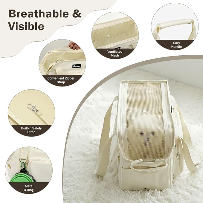 Pawaboo Dog Purse Carrier, Airline Approved Soft Sided Pet Carrier for Small Dogs Cats Rabbits with Large Pockets, Safety Leash, Soft Cushion, Breathable Dog Travel Carrying Tote Bag with Mesh Window
