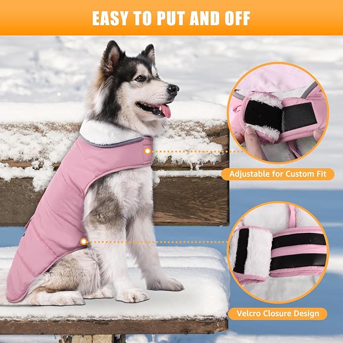 Dog Winter Coat for Extra Large Dogs, Easy on 3XL Dog Snow Jacket Velcro Waterproof Pet Puffer Clothes with Harness Hole Adjustable Reflective Quilted Pet Cold Weather Vest for Girl Female