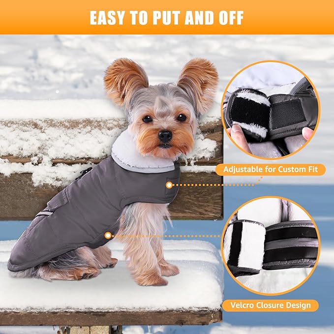 Dog Winter Coat for Extra Small Dogs, Easy on XS Dog Snow Jacket Velcro Waterproof Pet Puffer Clothes with Harness Hole Adjustable Reflective Quilted Dog Cold Weather Vest for Boy 8-12 Pounds