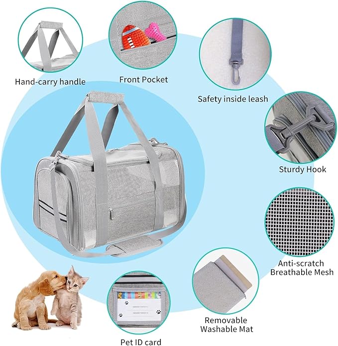 Airline Approved Cat Carrier Soft-Sided Pet Carrier for Cats and Small Dogs 17“ Under Seat Travel Carrier TSA Approved with Foldable Bowl Breathable Mesh Collapsible & Machine Washable, Grey