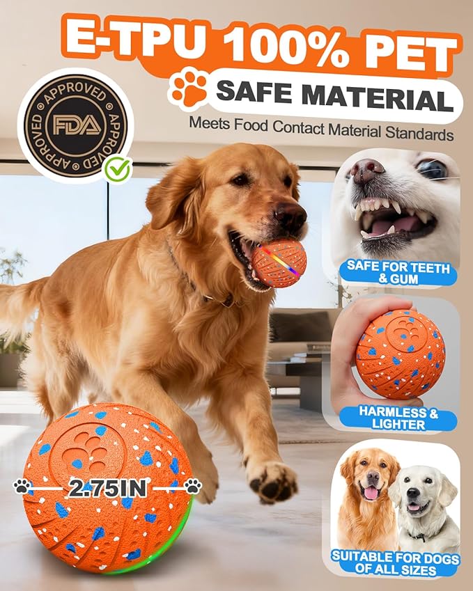 Interactive Dog Toy Balls, E-TPU Automatic Rolling & Bouncing Dog Balls with Lights, Type-C Rechargeable IPX7 Waterproof Dogs Ball, Great Gift for Medium & Large Dogs