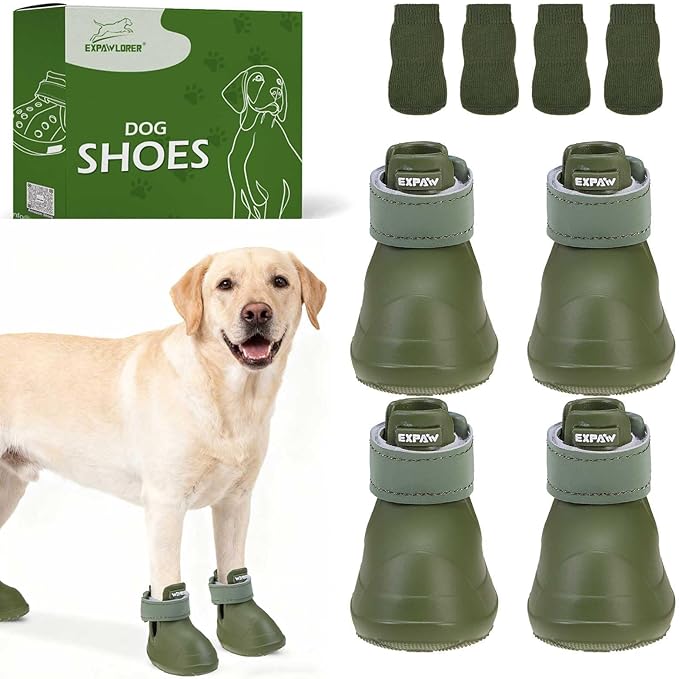 EXPAWLORER Dog Shoes for Hot Pavement Small Medium Large Dogs, Waterproof Non-Slip Dog Summer Booties with Socks, Easy On & Off Pet Boots & Paw Protectors, Easy-Clean for Beach Outdoor Rain (Green XL)