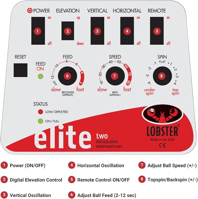 LOBSTER Sports Elite Tennis Ball Machine with External Battery - Auto Portable Ball Launcher, Preloaded & Custom Drills, Spin Control, Elevation Switch, Speeds up to 80MPH, with Multi-Function Remote