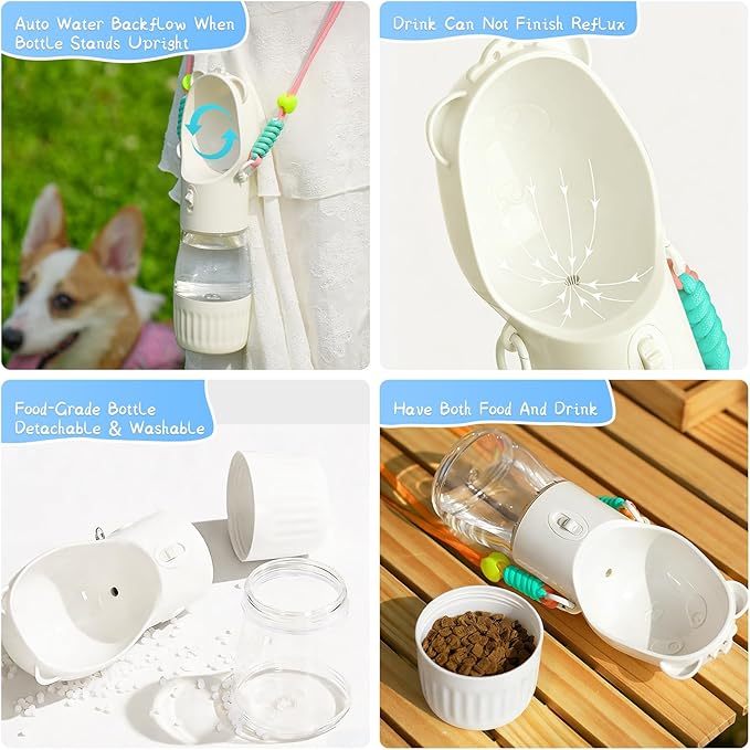 YFL Dog Water Bottle Portable with Food Container - 2 in 1 Leak Proof Drinking Cup and Food Container with Crossbody Strap, for Puppy Small Medium Dogs Walking Hiking Travel and Camping (White)
