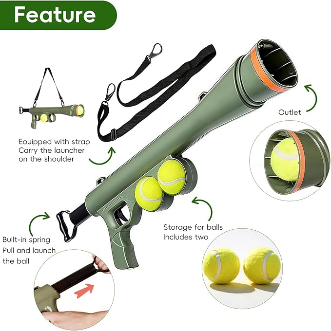 Tennis Ball Launcher for Dogs,Interactive Dog Fetch Toy Launches Up to 65 Ft,Hands-Free Ball Pickup Dog Ball Thrower with 2 Tennis Balls & Removable Shoulder Strap-24 Inch