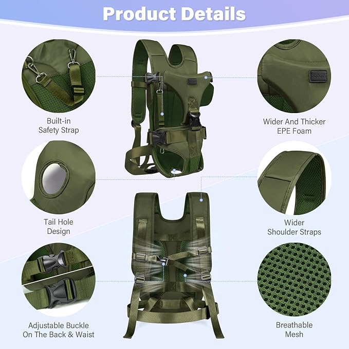 YUDODO Front Pet Carrier Backpack for Small Dogs, Secure and Breathable Mesh, Ergonomic Support, Adjustable for Walking, Hiking, or Travel (Army Green, S)