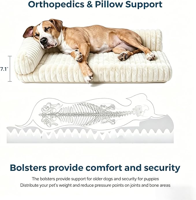 Orthopedic Dog Bed for Large Dogs with Washable Dog Bed Cover, Oeko‑TEX Certified Memory Foam Dogs Bed with Sides L-Shaped, Removable Cover, Dog Couch Bed Non-Slip, XL Dog Bed 39.4"×29.5", White