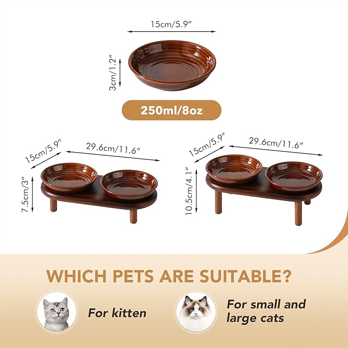 Havniva Elevated Cat Bowls Raised Ceramic Cat Bowl, 5.9” Wide Opening Cat Food Bowl Whisker Friendly Cat Dish Anti-Slip with Wood Stand, Shallow Pet Food & Water Bowl for Indoor Cats