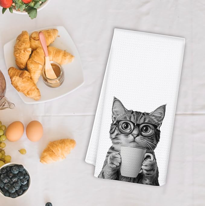 Funny Coffee Cat Kitchen Towels, Cat Lovers Mom Lady Gifts Dish Tea Towel for Kitchen Coffee Bar Station Decor, Kitten Pet Lover Gifts Hand Towels, 16x24 Inch