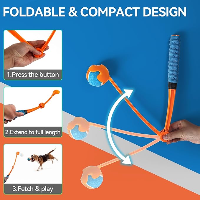 ALL FOR PAWS 25“Dog Ball Launcher, Foldable Tennis Ball Thrower with Soft and Comfortable Tennis Racket-Like Handle Grip, 2.5 inch Ball Included