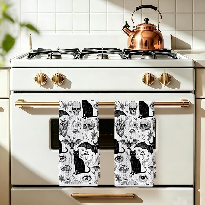 2Pcs Skeleton Cat Kitchen Towels, Mushroom Durable Microfiber Tea Towels for Kitchen Home Bathroom Farmhouse Decor, Eyes Bat Waffle Weave Dish Drying Towel, Cat Gifts for Women Friend, 24x14 Inch