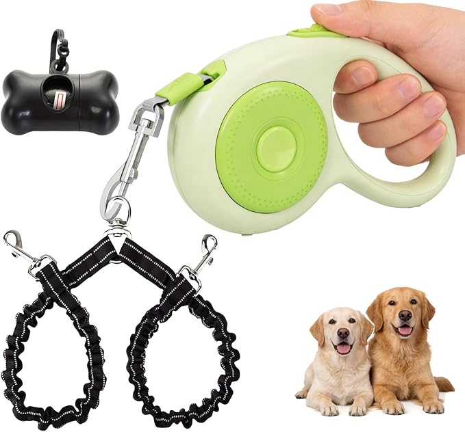 Small Breed Dual Retractable Dog Leash (Up to 44 Lbs Each) One-Button Break and Lock, Non-Slip Grip, Double-Headed, 16-Foot Extendable Pet Leash with Poop Bags, and 360° Tangle-Free (Green, Medium)