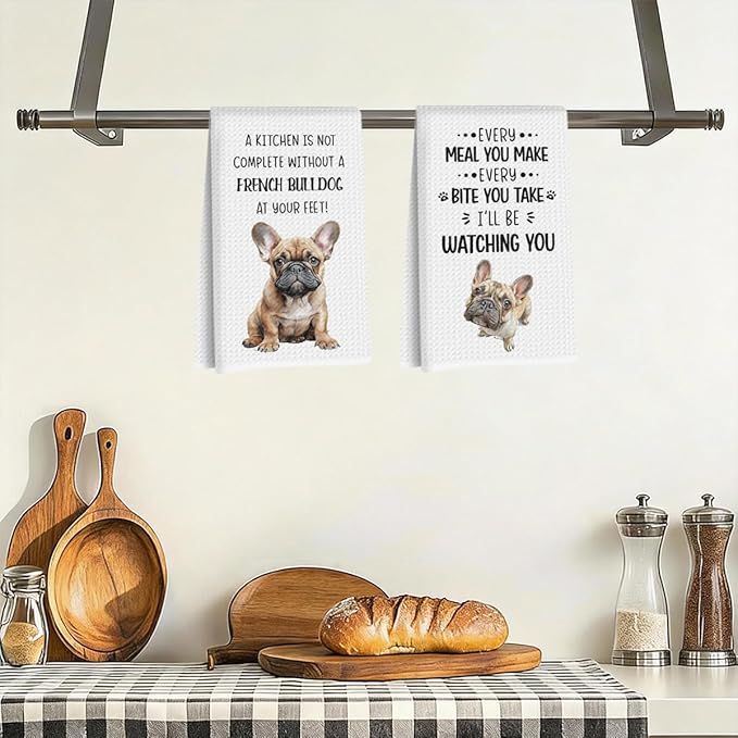 2Pcs French Bulldog Kitchen Towels 24x14 Inch, French Bulldog Gifts for Woman Mom, Reusable Waffle Weave Microfiber Absorbent Hand Tea Dish Towels for Kitchen Bathroom Decor, Dog Lovers Gifts