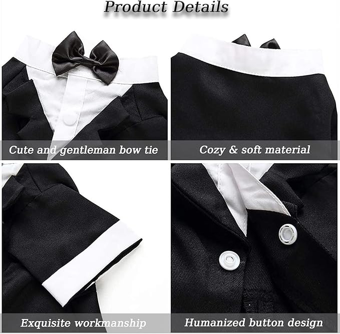 Dog Shirt Puppy Clothes, Pet Wedding Suit Formal Tuxedo with Black Bow Tie, Pet Outfit for Small Medium Dogs Cats, Pet Weding Attire Dress Up Cosplay Prince Costume Gentleman Apparel (Black, Large)