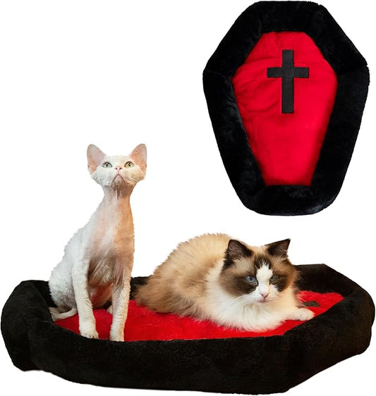 Gothic Cat Beds Fits up to 25 lbs, Washable Coffin Cat Bed, Goth Pet Bed, Halloween House 24 * 16.9 Inch, Red & Black Small (Black, Small)