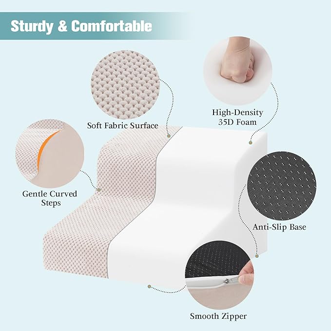 Dog Stairs for Small Dogs, 2-Step Dog Steps for Couch Sofa and Chairs, High-Density Foam Pet Steps Ramp with Removable Washable Cover for Older Injured Puppy Dogs and Cats, 11.81" H, Beige