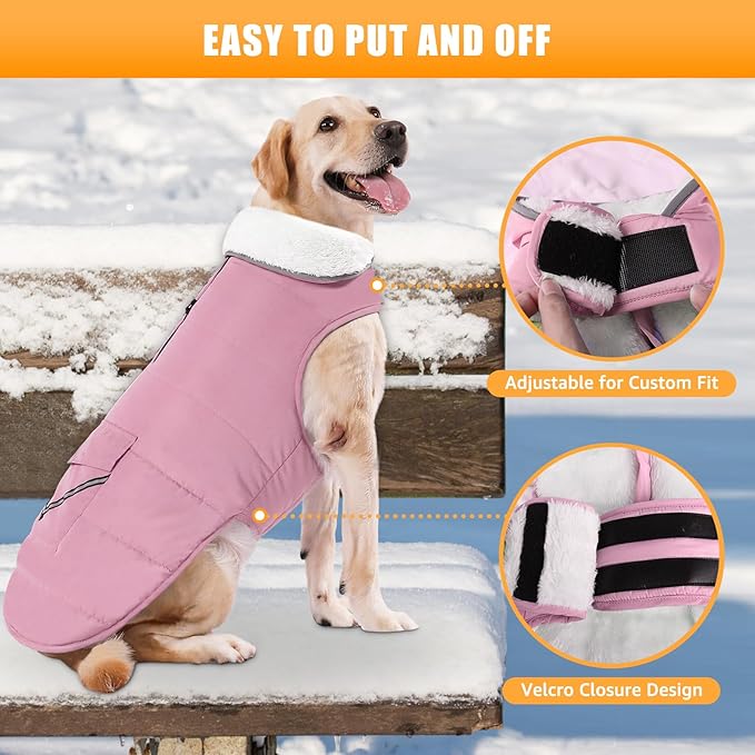 Dog Winter Jacket for X-Large Dogs, Easy on Dog Fleece Snow Coat Velcro Waterproof Pet Puffer Coat with Harness Hole Adjustable Reflective Quilted Pet Cold Weather Vest for Girl Female