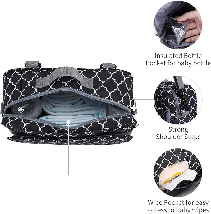GOGOSO Small Diaper Bag, Mini Stroller Organizer Accessory with Wipe Pockets Caddy Parent Console with Hook Fit All Strollers, Black