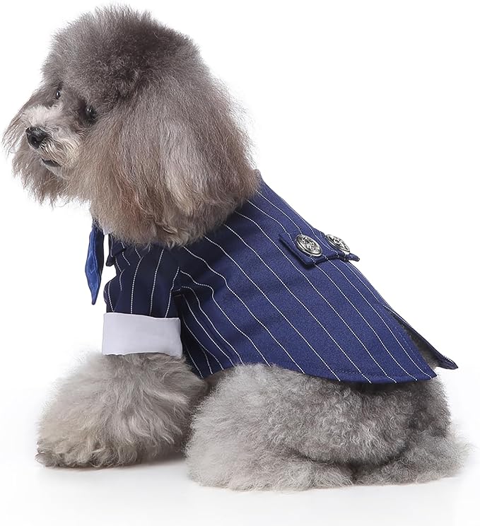 GabeFish Pets Wedding Jackets Suit for Dogs with Bow Tie Puppy Cat Formal Clothes Shirt Tuxedo (BlueStriped, XL (Chest 18.8in/48cm)