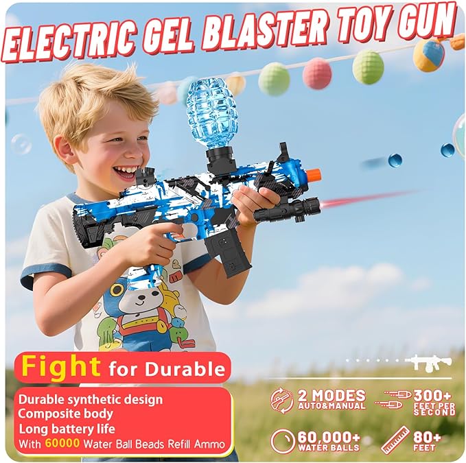 Electric Gel Ball Blaster, High Speed Automatic Splatter Ball Blaster with 60000+ and Goggles, JIFTOK Rechargeable Splatter Ball Toys for Outdoor Activities Shooting Game Party Favors-Blue