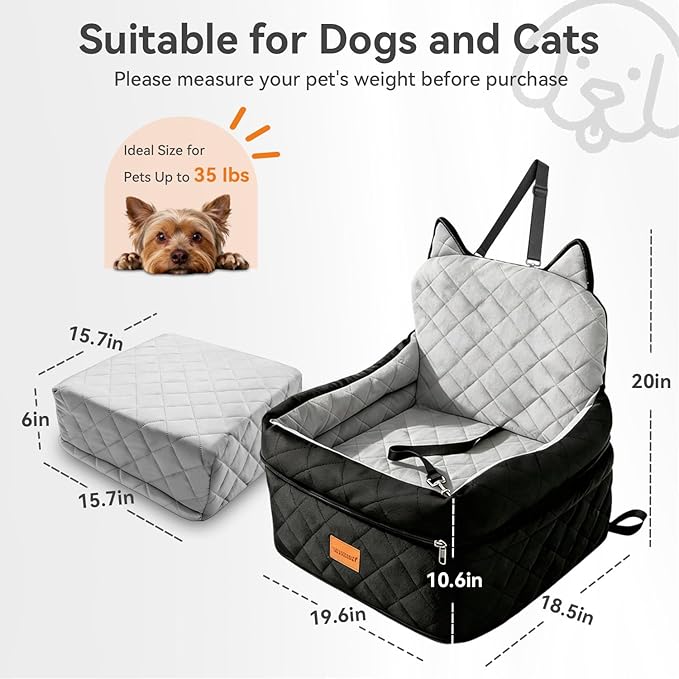 Dog Booster Car Seats for S/M Dogs Up to 35lbs,Pet Car Seat/Travel Bed with Washable&Removable Cover,Storage Pockets,Dog Safety Belt and Elevated Cushion Fits in Front/Back Seat
