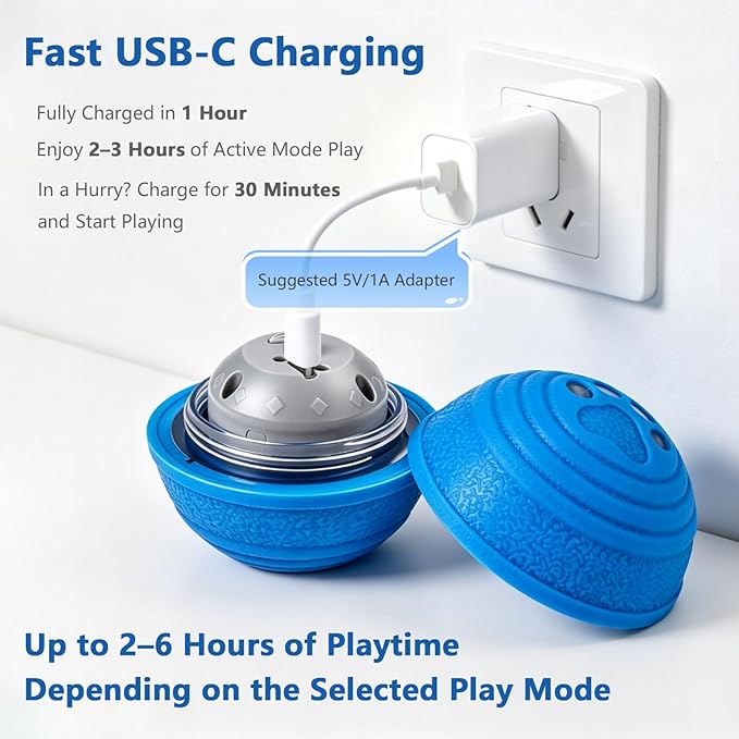 Interactive Dog Ball, Automatic Dog Toy, Vibrating Dog Ball with 4 Play Modes, Moving & Bouncing Ball for Dogs, Smart Self Rolling Dog Toy for Small Medium Dogs, USB-C Rechargeable, Blue