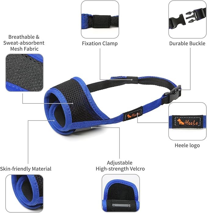 HEELE Dog Muzzle,Soft Nylon Muzzle Anti Biting Barking Chewing,Air Mesh Breathable Drinkable Adjustable Loop Pets Muzzle for Small Medium Large Dogs 4 Colors 4 Sizes (Blue, XL)