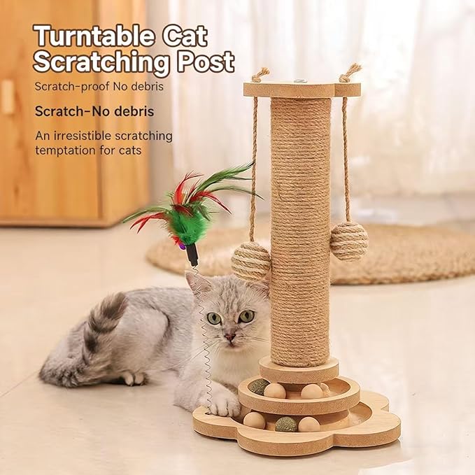 Cat Scratching Post, cat scratchers for Indoor Cats Natural Sisal Scratcher with 2-Level Trackball & 2 Hanging Balls, Sturdy cat Scratching Post 4-in-1 Interactive Kitten Toy for Indoor Cats