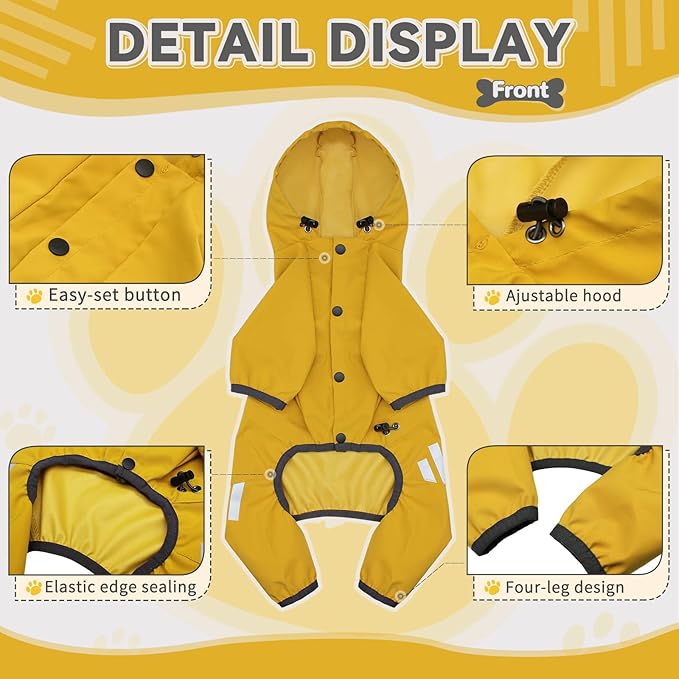 Dog Raincoat, Waterproof Dog Rain Jacket with Hood, Dog Rain Coat with Leash Hole, Reflective Strap for Small Medium Dogs, Lightweight Puppy Clothes(Yellow,XS)