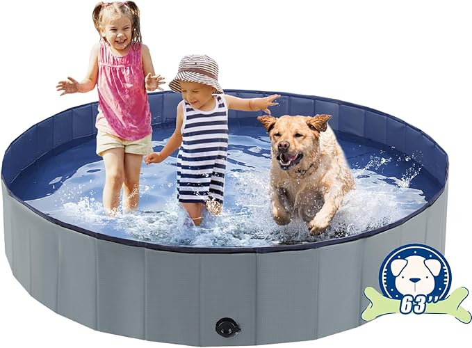 Eooqi Foldable Dog Pool, Portable Pet Bath Tub and Kiddie Swimming Pool, Collapsible Bathtub for Puppies, Small, Medium and Large Dogs, Cats and Kids, 63 x 12 in, Gray
