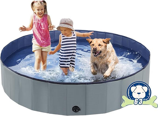 Eooqi Foldable Dog Pool, Portable Pet Bath Tub and Kiddie Swimming Pool, Collapsible Bathtub for Puppies, Small, Medium and Large Dogs, Cats and Kids, 63 x 12 in, Gray