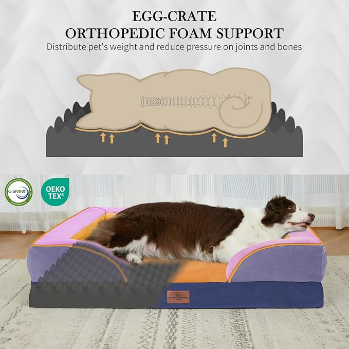 Comfort Expression Orthopedic Dog Bed for Large Dogs 36x27 Inch, Waterproof Egg Crate Foam Large Pet Bed with Bolsters, Dog Couch with Washable Cover & Non-Slip Bottom, Orange Breeze
