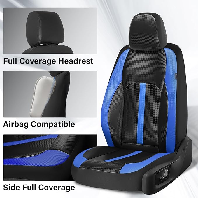 Coverado Leather Car Seat Covers Front Seats & Carbon Fiber, Waterproof and Durable All Weather Protector, Universal Fit for SUV, Pickup Truck, Sedan, Automotive Vehicle Interior, Black&Blue