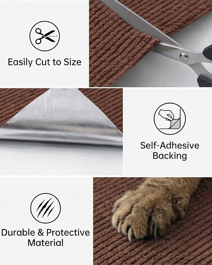 Corner & Wall Cat Scratch Mat, Self-Adhesive Trimmable Cat Scratcher, Wall Mounted Scratching Pad for Indoor Cats, Sofa Furniture Protector, Cat Post Cover Replacement (Brown, 23.6''x11.8'', 3-Pack)