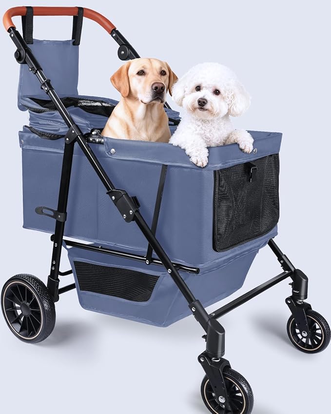 Dog Stroller for Large & Medium Dogs, Pet Stroller for 2 Small Dogs, Extra Large Heavy Duty, Foldable Design, Adjustable Handle, with Pocket, Up to 66lbs(Navy Blue)