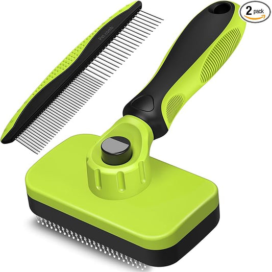 2PCS Self Cleaning Slicker Brush & Dog Comb - Skin Friendly Deshedding Grooming Tool for Dogs, Cats and Small Animals, Professional Deshedding Dematting Tool for Long and Short Haired Pets (Green)