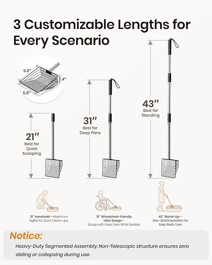Cat Litter Scoop with Holder 43" Metal Litter Scooper with Stainless Steel Long Handle, Large Kitty Box Scooper Heavy Duty Deep Shovel for Fast Sifting, Dog Waste Scooops for Outside Pet Poop