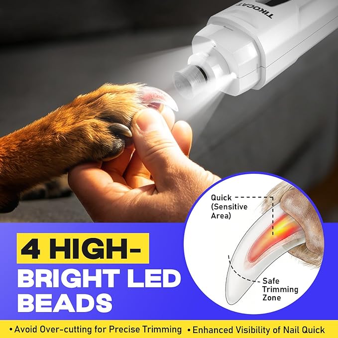 Whisper-Quiet Dog Nail Grinder, 50% More Powerful 6-Speed Pet Nail Trimmer with LED Display & 4 LED Lights, 3 Grinding Bits, No Over-Cutting, Stress-Free Grooming for Dogs, Cats & All Sensitive Pets