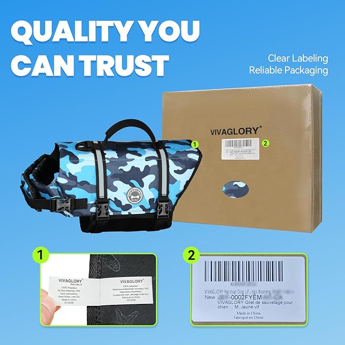 VIVAGLORY Rip Stop Dog Life Vest, Swimming Vest with Handle, Buoyancy for Doggy Puppy, Dog Life Jacket for Swimming & Boating, M, Camo Blue