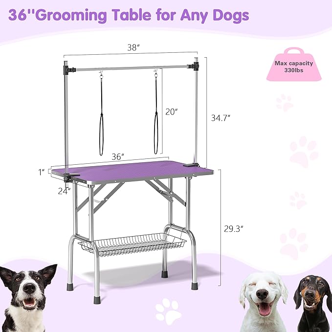 Lyromix Dog Grooming Table, Adjustable Large Pet Drying Desktop, Foldable Bathing Desk with Arms, Noose, Mesh Tray, Maximum Capacity Up to 330Lb