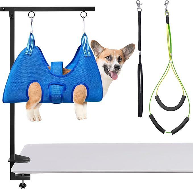 Dog Grooming Arm with Hammock: Adjustable Height 27"-38", Foldable Dog Grooming Table Arm w/No-Sit Holder and Loop Noose,Grooming Restraint Ideal for Small Pets (5–11 lbs) at Home or Salons
