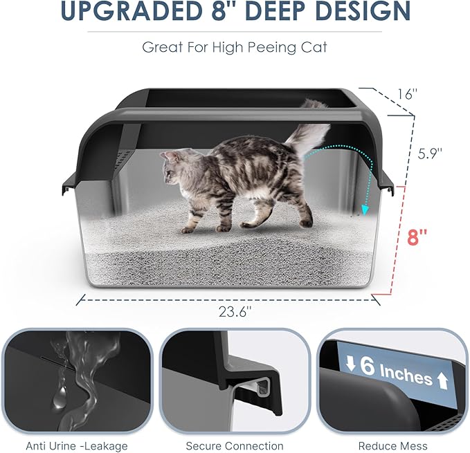 Suzzipaws 8" Deep Stainless Steel Litter Box with Lid Extra Large Cat Litter Box for Big Cats XL Metal Litter Pan Tray with High Wall Sides Enclosure, Non-Sticky, Anti-Leakage (Charcoal Gray)