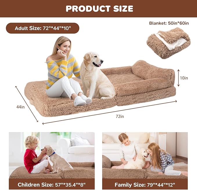 OtterOasis Foldable Human Dog Bed for Adults, Fluffy Human Sized with Blanket, Orthopedic Washable Dog Bed with Memory Foam and Water Repellent Liner for Pet (Brown, 72 * 44 * 10 inch)