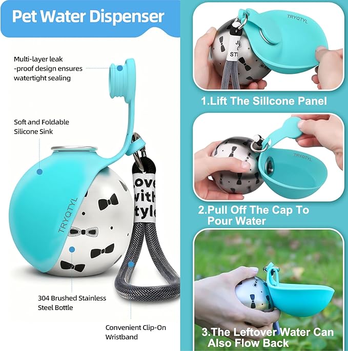 Dog Water Bottle, 10oz Stainless Steel Portable Dog Water Bottle with Foldable Silicone Bowl, 2-in-1 Portable Dog Water Bowl for Water & Food, Water Dispenser for Dogs Walking (Blue)