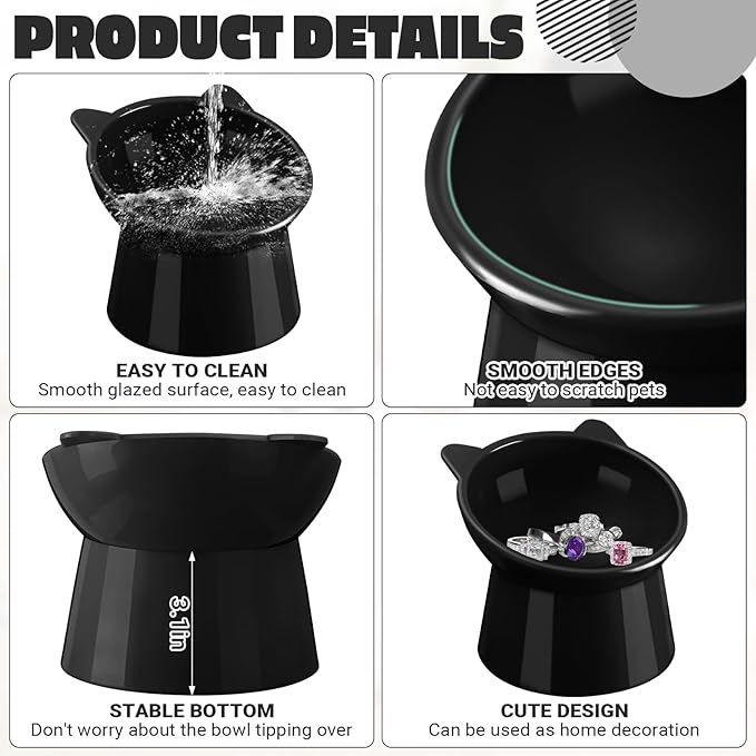Zhehao 2 Pcs Elevated Cat Bowl Set, Tilted 15° Plastic Raised Food and Water Bowls Anti Vomit Pet Feeding Dishes for Indoor Cats/Small Dogs(Cat Ears,Black)