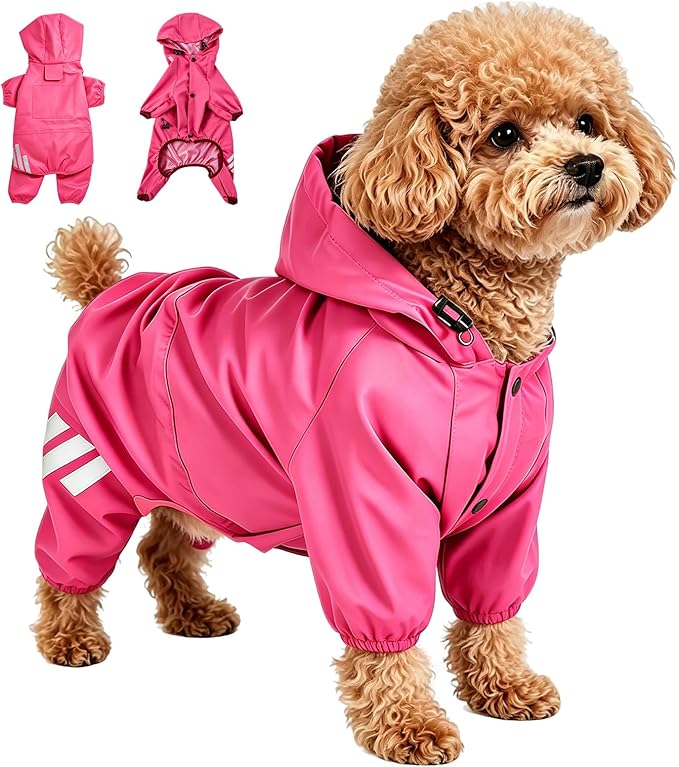 Dog Raincoat Waterproof Windproof Full Body Pet Jacket, Adjustable Reflective Puppy Rain Suit with Leash Hole, Lightweight Foldable Dog Coat for Small Medium Dogs(Pink, Large)