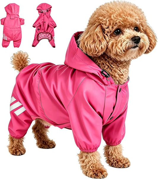 Dog Raincoat Waterproof Windproof Full Body Pet Jacket, Adjustable Reflective Puppy Rain Suit with Leash Hole, Lightweight Foldable Dog Coat for Small Medium Dogs(Pink, Large)