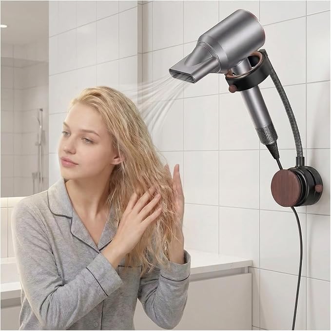 CTESNE【360° Rotating&No Drill Installation】Hands Free Hair Dryer Holder Wall Mount,Adjustable Height Suction Cup Blow Dryer Holder, Damage-Free Wall, with Cord Storage for Most Hair Dryers